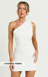 Olga Mini Dress - Linen One Shoulder Dress in Off White